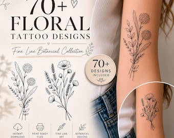 Paquete de más de 70 diseños de tatuajes florales de líneas finas / Láminas de diseños botánicos de flores silvestres (descarga digital)