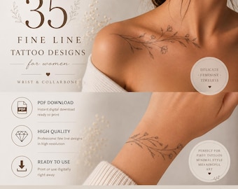 35 diseños de tatuajes de líneas finas / Ideas florales y botánicas femeninas (Descarga en PDF)