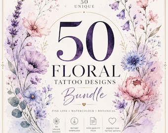 Paquete de 50 diseños de tatuajes florales / Flores de líneas finas / Tatuajes botánicos en acuarela / Descarga instantánea en PDF