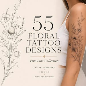 55 blommiga tatueringsdesigner med fina linjer | Wildflower botaniska schabloner (PDF-nedladdning)