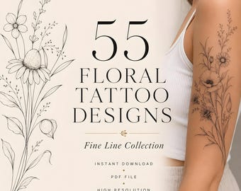 55 diseños de tatuajes florales de líneas finas / Plantillas botánicas de flores silvestres (Descarga en PDF)