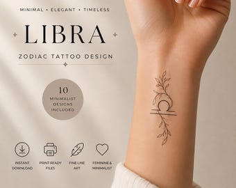 Paquete de tatuajes del signo zodiacal Libra / 10 diseños minimalistas de líneas finas (descarga digital)