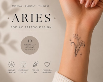 Diseños de tatuajes del signo zodiacal Aries / 10 diseños florales minimalistas de líneas finas (descarga instantánea)