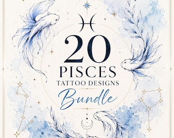 Paquete de 20 diseños de tatuajes de Piscis / Tatuajes del zodíaco de líneas finas / PDF de descarga instantánea