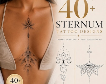 Más de 40 diseños de tatuajes florales ornamentales para el esternón / Inspiración para tatuajes debajo del pecho femenino (PDF de descarga instantánea)