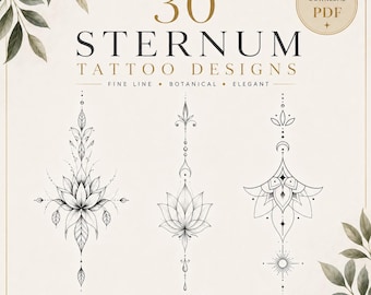 30 diseños de tatuajes botánicos de líneas finas para el esternón (descarga instantánea en PDF)