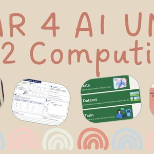 May include: A beige educational poster with the text "YEAR 4 AI UNIT KS2 Computing." The poster includes four illustrated sections with text and diagrams about AI concepts, and a row of rainbow arches at the bottom.
