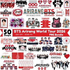 May include: A digital collection of 50 BTS Arirang World Tour 2026 graphic designs featuring illustrations of the seven members, red and black typography, heart motifs, concert stage silhouettes, and stylized logos in a high-resolution PNG bundle.