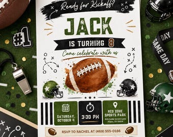 Football Birthday Invitation, Sports Birthday, Football, Green and Black, Photo Invitation, Boys Birthday, Digital and Printed Invitations