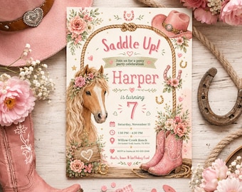 Cowgirl Horse Birthday Invitation, Saddle Up Party Template, Pastel Western Birthday Equestrian Party Invite, Cowgirl Invite, Canva Template
