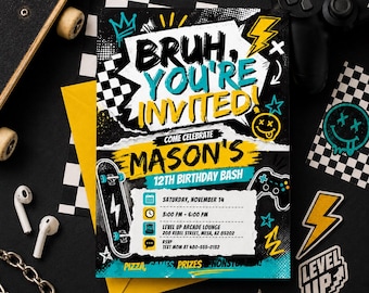 Bruh Birthday Invitation, Boys Party Invite, Any Age Canva Template (Digital Download)