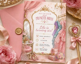 Princess Dress Up birthday invitation, royal princess dress party invite, printable editable castle party template, girl bday