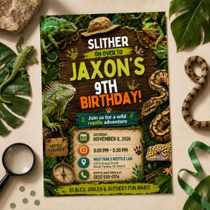 May include: A rectangular birthday invitation card featuring a wooden board background with a chameleon, frog, iguana, and snakes. Text reads: SLITHER ON OVER TO JAXON'S 9TH BIRTHDAY! Join us for a wild reptile adventure, November 8, 2026, 3:00 PM - 5:30 PM.