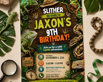 Reptile Birthday Invitation, Slither On Over Jungle Theme, Editable Slither On Over Birthday Reptile Invitation Jungle Lizard Party, Canva