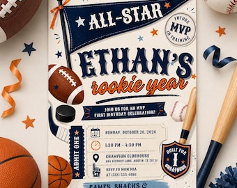 May include: A sports-themed first birthday invitation featuring a navy blue pennant with the text ALL-STAR, ETHAN'S rookie year, and details for Sunday, October 26, 2026, at 1:30 PM at Champion Clubhouse, 884 Victory Lane, Austin, TX 78731, RSVP to Mom Mia.