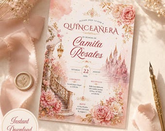 May include: A rectangular Quinceañera invitation card featuring watercolor illustrations of a castle, a grand staircase, and pink floral arrangements. The text reads: PLEASE JOIN US FOR A QUINCEAÑERA IN HONOR OF Camila Rosales SATURDAY 22 AUGUST 2026.