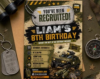 Military Theme Birthday Invitation, Camo Invite, Army Theme Invitation, Top Secret Mission Party, Editable Canva Template