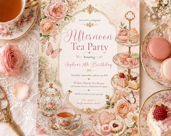Afternoon Tea Birthday Invitation, Tea Party Birthday Invitation, Girl Par-tea Invite, Garden Tea Party Birthday Invite, Editable Canva
