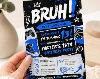 Bruh You In Invitation, Any Age, Any Theme, Neon Graffiti Bruh Birthday Party Invite, Editable Template, Printable Card