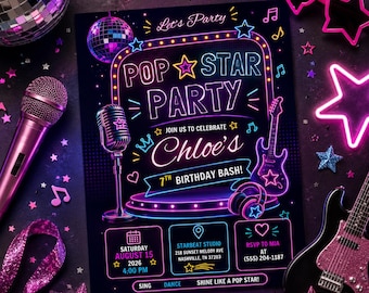 Pop Star Music Birthday Invitation, Pop Star Birthday Party, Neon Glow Party Like A Pop Star Girl Birthday Invite, Editable Canva Template