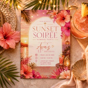 May include: A rectangular invitation card titled Sunset Soiree Summer Party in celebration of Ava's 13th birthday on Friday, July 24, 2025, at Laguna Bay Terrace, featuring a sunset ocean background, pink hibiscus flowers, and gold text.