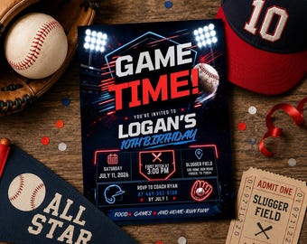 It’s Game Time Birthday Invitation, Sports Party Invite, Baseball 9th Birthday Invitation , Editable Canva Template