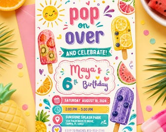 Pop on Over Birthday Invitation, popcorn Invitation, Editable Birthday invite, popcorn, popsicle, movie, Popsicle Theme, Canva Template