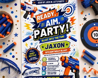 Blaster Birthday Invitation, Dart Battle Party Invite, Ready Aim Party Theme, Nerf Party Theme, Editable Canva Template