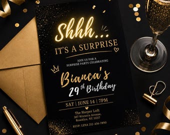 Surprise Birthday Invitation Template, Black Gold Birthday Invite, Elegant Surprise Party Invitation, Editable Canva Template