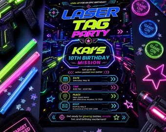 Editable Laser Tag Birthday Invitation, Neon Laser Tag Invite, Glow Laser Tag Party, Arcade Game Kids, NEON Laser party, Editable Canva
