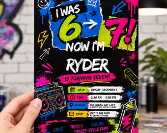 Graffiti Birthday Invitation, Six Seven Meme Birthday Invitation, 7th birthday invite boy, I Was 6 Now I’m 7 birthday invite, Canva Template