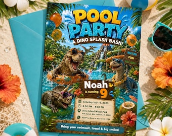 Dinosaur Pool Party Incitation, Two Rex Pool Invite Editable, Splish Splash Dino Pool Party Invitation, Boy Swimming Birthday Canva Template