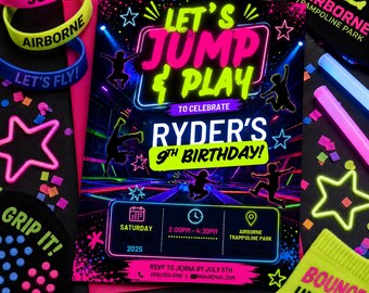 Trampoline Park Birthday Invitation, Jump Party Invite, Editable Canva Template, Kids Birthday Digital Invite, Instant Digital Download