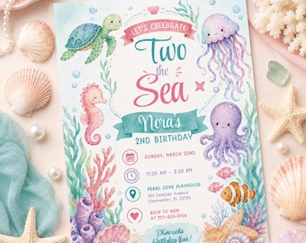 Two the Sea Birthday Invitation, Editable Mermaid 2nd Birthday Invite, Pink Girls Birthday Party, Ocean Animals Sea Life, Canva Template