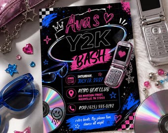 Y2K Birthday Bash Invitation Template, Y2K Denim and Hot Pink Birthday Invitation, 2000s Retro Birthday, Editable Canva Template,
