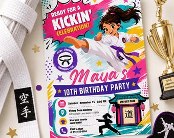 Karate Birthday Invitation, Martial Arts Party Invite, Carton Theme, Taekwondo Party, Kids Kick Party, Editable Template, Printable, Digital