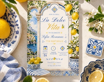 La Dolce Vita Birthday Invitation - Italian Dinner Party Invite, Editable in Canva, Editable Lemon Birthday Invitation
