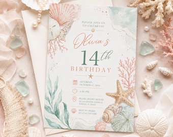teen girl coastal birthday invitation, pastel teen girl invitation, beach theme editable invitation, tropical summer party invite, Canva