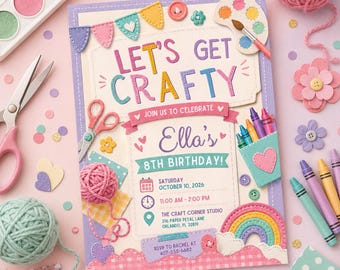 Craft Party Invitation Template, Girls Birthday Invite, Cute Pastel Felt Art & Craft, Let's Get Crafty, Crafting Theme Evite, Canva Template
