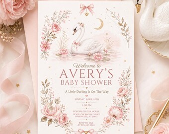 May include: A rectangular baby shower invitation card featuring a white background with a central illustration of a white swan, pink floral borders, a gold crescent moon, and a pink bow. The text reads Welcome to AVERY'S BABY SHOWER, A Little Darling Is On The Way, Sunday, April 18th, 1:00 PM, Rosewater Tea House, 29 Willow Brook Court, Greenville, SC 29601, RSVP to Mia at 555-447-2863.