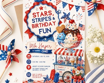 Stars Stripes Birthday Ice Cream Social, Summer Patriotic Party Invite, Stars and Stripes Invite, 4th of July Invitation, Editable Canva