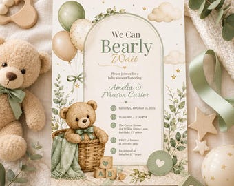 We Can Bearly Wait Baby Shower Invitation | Watercolor Teddy Bear, Sage Balloons | Digital Download | Prints