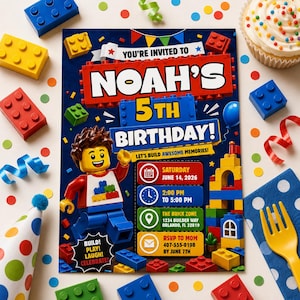 May include: A rectangular birthday invitation card featuring a cartoon plastic building block character, colorful block graphics, and text reading: YOU'RE INVITED TO NOAH'S 5TH BIRTHDAY! LET'S BUILD AWESOME MEMORIES! Includes date, time, location, and RSVP details.