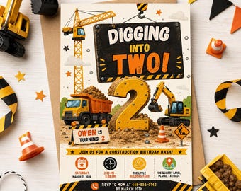 Construction birthday invitation Let's Dig Up Some Fun 1st birthday invite editable template boy construction party dump truck invitation