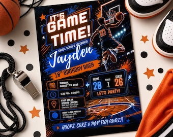 Basketball Birthday Invitation Digital Basketball Game Sports Party American Black Gold Birthday Invite Personalized Canva Template