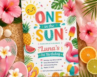 One In The Sun 1st Birthday Invitation, Tropical Pool Party, Editable Canva Template