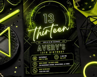 Neon 13th Birthday Invitation, Editable Green Party Invite, Neon Light Brick Wall Boy Birthday Invitation, Teenager Boy Birthday Invites