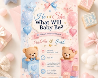 Gender Reveal Invitation Template, He or She, Bear Theme, Vintage He or She Baby Reveal Invite, Boy or Girl Party Invitation, Canva Template