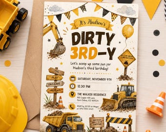 Dirty 3rd-y Birthday Invitation Construction Birthday Invitation Dump Truck Party Invite Construction 3rd Bday Invite Construction Party T5