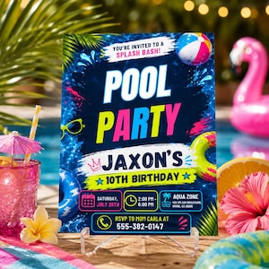 May include: A rectangular pool party invitation card featuring a dark blue water background with a beach ball, neon sunglasses, and a pink crown icon. The text reads: YOU'RE INVITED TO A SPLASH BASH! POOL PARTY JAXON'S 10TH BIRTHDAY, SATURDAY, JULY 26TH, 2:00 PM - 6:00 PM, AQUA ZONE 455 SPLASH BOULEVARD, IRVINE, CA 92605, RSVP TO MOM CARLA AT 555-382-0147.